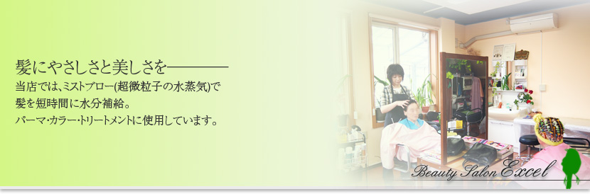 エクセル美容室　当店では、ミストブロー(超微粒子の水蒸気)で髪を短時間で水分補給。パーマ・カラー・トリートメントに使用しています。